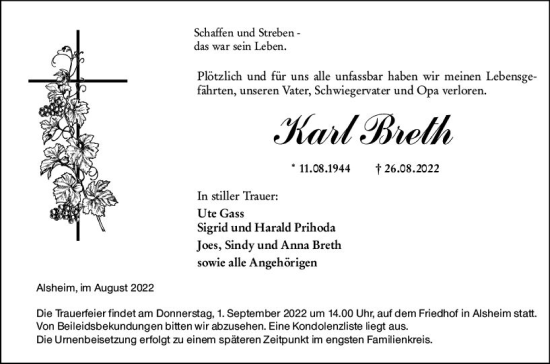 Traueranzeige von Karl Breth von vrm-trauer Wormser Zeitung