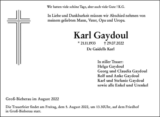 Traueranzeige von Karl Gaydoul von vrm-trauer Darmstädter Echo
