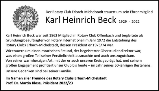 Traueranzeige von Karl-Heinrich Beck von vrm-trauer Odenwälder Echo