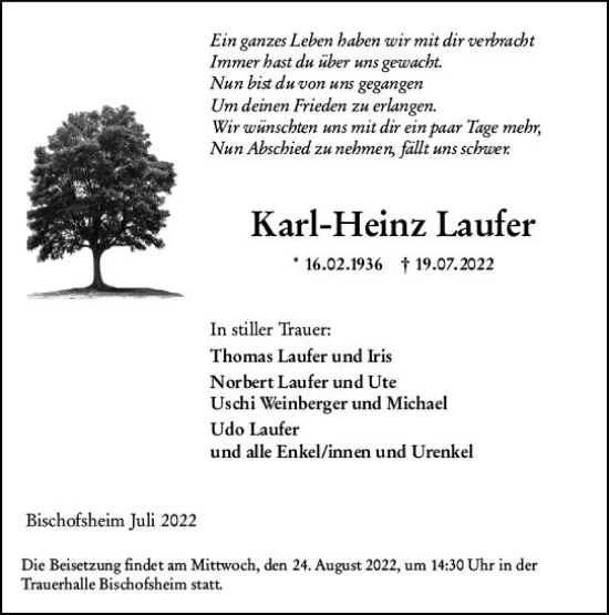 Traueranzeige von Karl-Heinz Laufer von vrm-trauer Rüsselsheimer Echo / MainSpitze