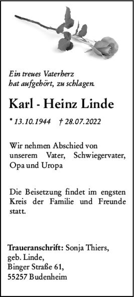 Traueranzeige von Karl-Heinz Linde von vrm-trauer AZ Mainz