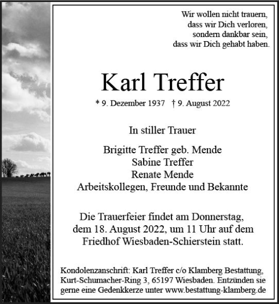Traueranzeige von Karl Treffer von vrm-trauer Wiesbadener Kurier
