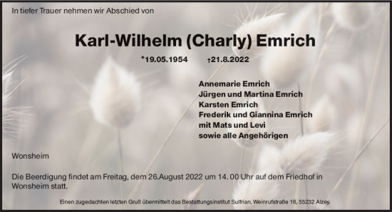 Traueranzeige von Karl-Wilhelm Emrich von vrm-trauer Allgemeine Zeitung Alzey