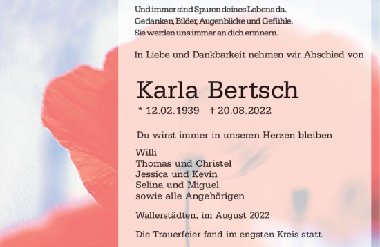 Traueranzeige von Karla Bertsch von vrm-trauer Groß-Gerauer Echo