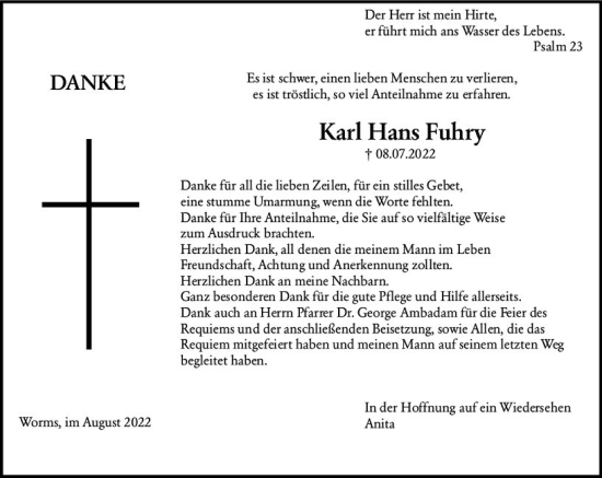 Traueranzeige von Karl Hans Fuhry von vrm-trauer Wormser Zeitung