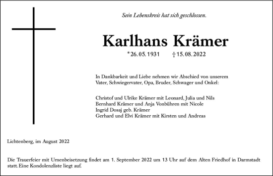 Traueranzeige von Karlhans Krämer von vrm-trauer Darmstädter Echo