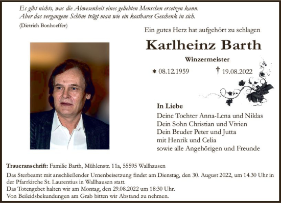 Traueranzeige von Karlheinz Barth von vrm-trauer Allg. Zeitung Bad Kreuznach