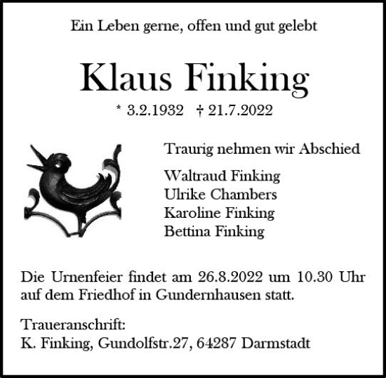 Traueranzeige von Klaus Finking von vrm-trauer Darmstädter Echo