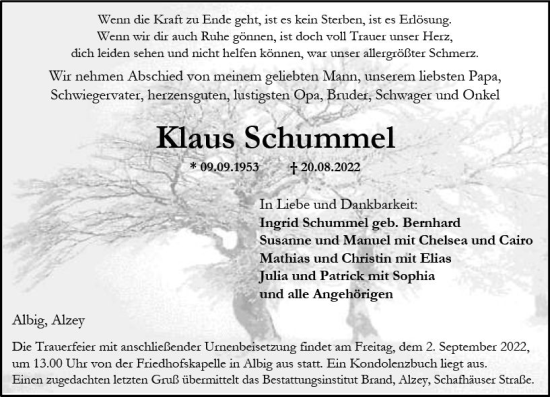 Traueranzeige von Klaus Schummel von vrm-trauer Allgemeine Zeitung Alzey