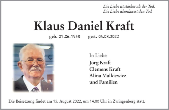 Traueranzeige von Klaus Daniel Kraft von vrm-trauer Darmstädter Echo