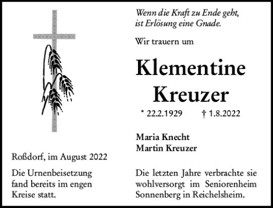 Traueranzeige von Klementine Kreuzer von vrm-trauer Darmstädter Echo