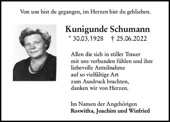 Traueranzeige von Kunigunde Schumann von vrm-trauer DieburgerAnzeiger/Groß-Zimmerner Lokala