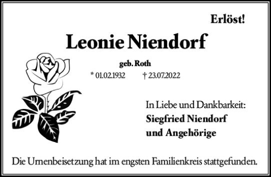 Traueranzeige von Leonie Niendorf von vrm-trauer Wiesbadener Kurier