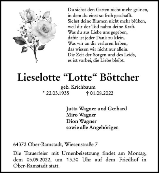 Traueranzeige von Lieselotte Böttcher von vrm-trauer Darmstädter Echo