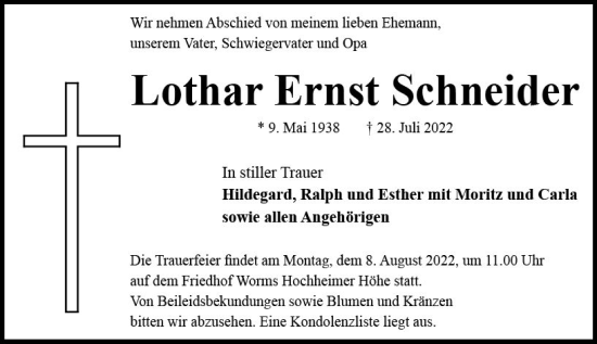 Traueranzeige von Lothar Ernst Schneider von vrm-trauer Wormser Zeitung