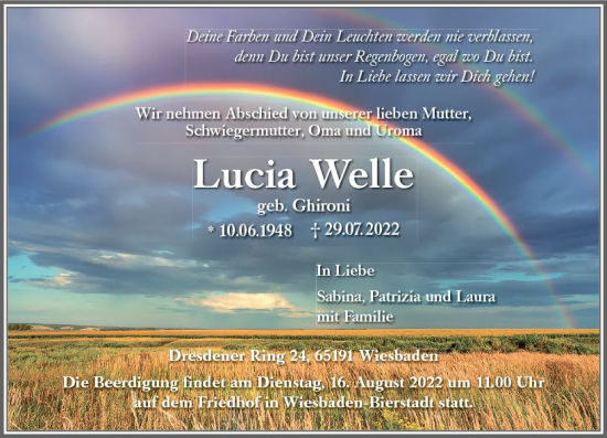 Traueranzeige von Lucia Welle von vrm-trauer Wiesbadener Kurier