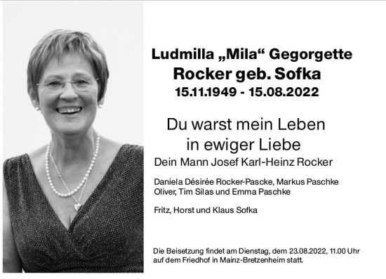 Traueranzeige von Ludmilla Gegorgette Rocker von vrm-trauer Wiesbadener Kurier