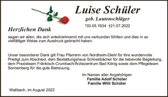 Traueranzeige von Luise Schüler von vrm-trauer Odenwälder Echo