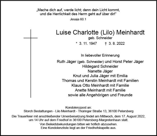 Traueranzeige von Luise Charlotte Meinhardt von vrm-trauer Wiesbadener Kurier