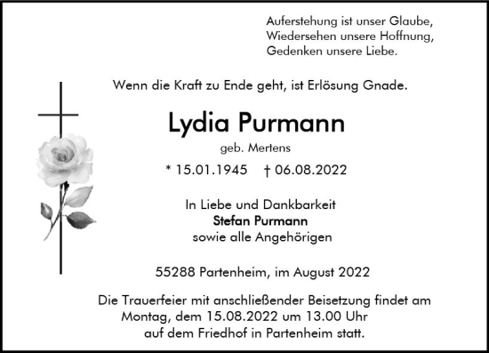 Traueranzeige von Lydia Purmann von vrm-trauer Allgemeine Zeitung Alzey