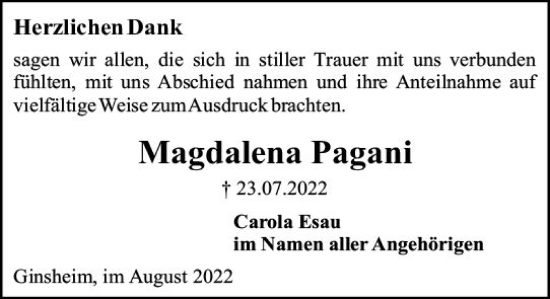 Traueranzeige von Magdalena Pagani von vrm-trauer AZ Mainz