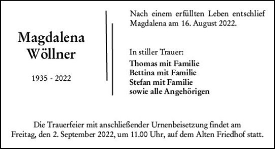 Traueranzeige von Magdalena Wöllner von vrm-trauer Hochheimer Zeitung