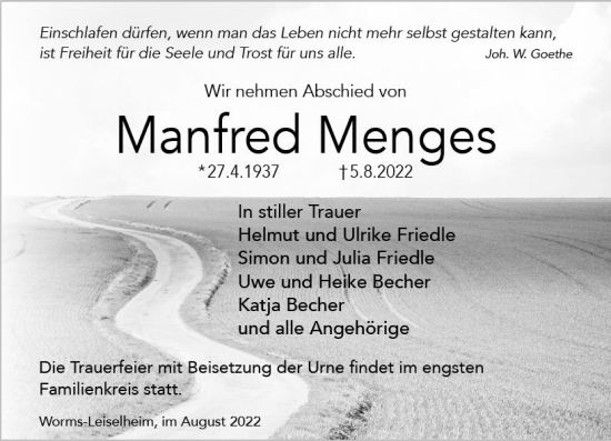 Traueranzeige von Manfred Menges von vrm-trauer Wormser Zeitung