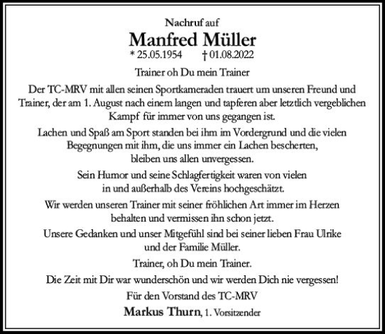 Traueranzeige von Manfred Müller von vrm-trauer AZ Mainz