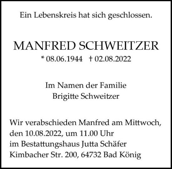 Traueranzeige von Manfred Schweitzer von vrm-trauer Odenwälder Echo