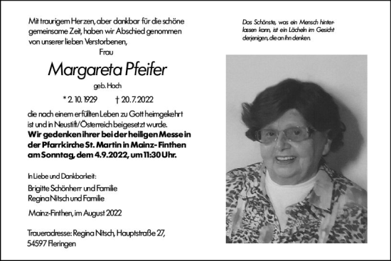 Traueranzeige von Margareta Pfeifer von vrm-trauer AZ Mainz
