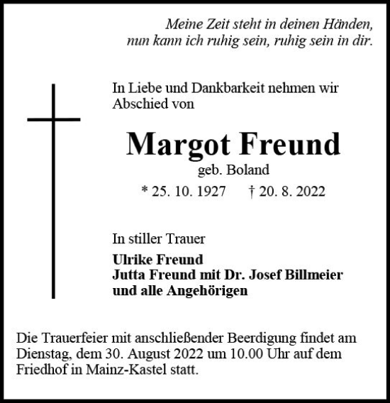 Traueranzeige von Margot Freund von vrm-trauer AZ Mainz