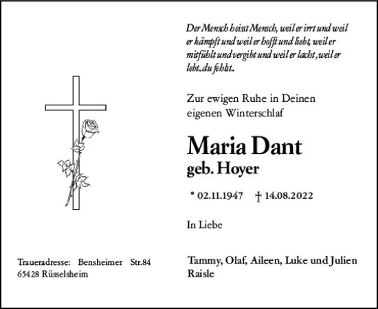 Traueranzeige von Maria Dant von vrm-trauer Rüsselsheimer Echo / MainSpitze