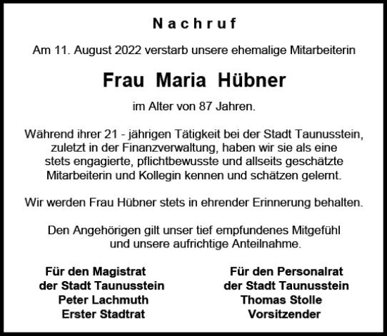 Traueranzeige von Maria Hübner von vrm-trauer WK-UTA