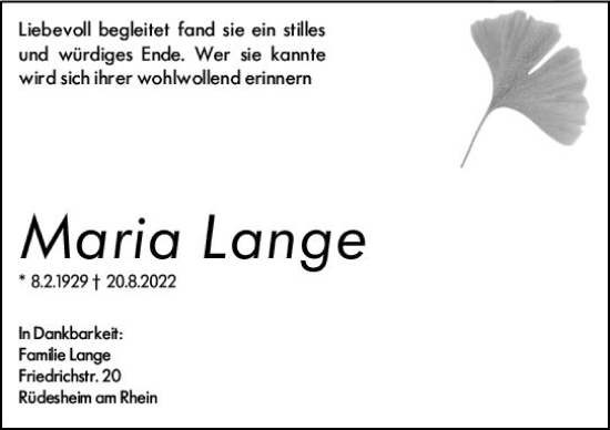 Traueranzeige von Maria Lange von vrm-trauer Wiesbadener Kurier