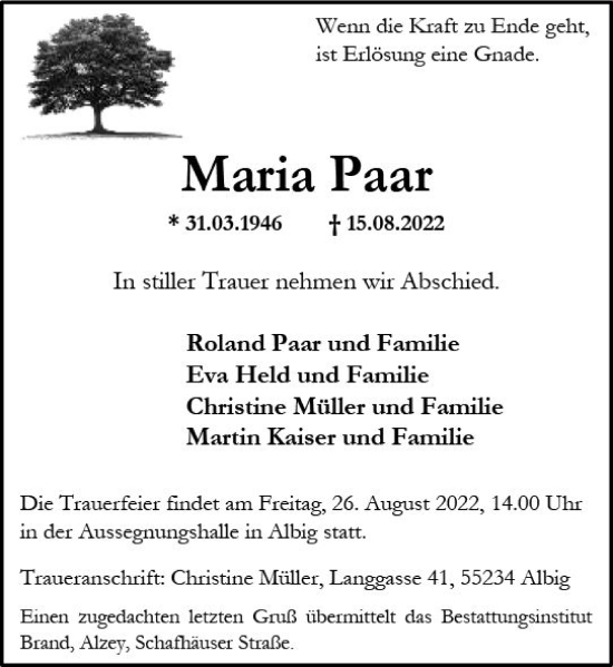 Traueranzeige von Maria Paar von vrm-trauer Allgemeine Zeitung Alzey