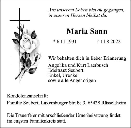 Traueranzeige von Maria Sann von vrm-trauer Rüsselsheimer Echo / MainSpitze