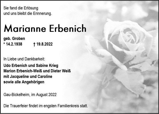 Traueranzeige von Marianne Erbenich von vrm-trauer Allgemeine Zeitung Alzey