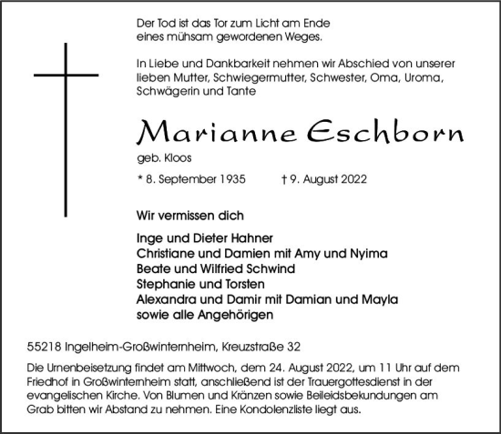 Traueranzeige von Marianne Eschborn von vrm-trauer Allgemeine  Zeitung Ingelheim-Bingen
