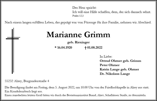Traueranzeige von Marianne Grimm von vrm-trauer Allgemeine Zeitung Alzey