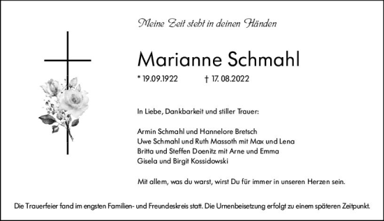Traueranzeige von Marianne Schmahl von vrm-trauer Darmstädter Echo