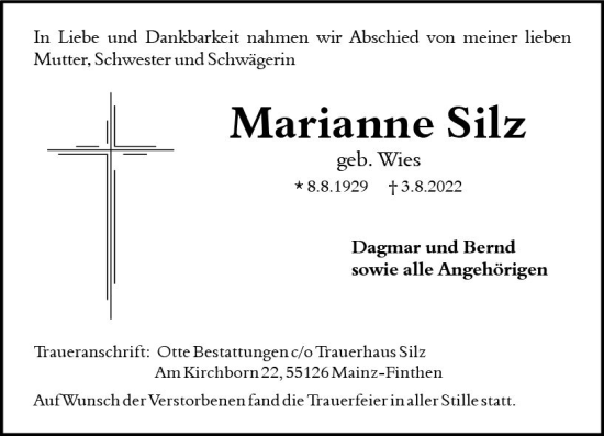 Traueranzeige von Marianne Silz von vrm-trauer AZ Mainz