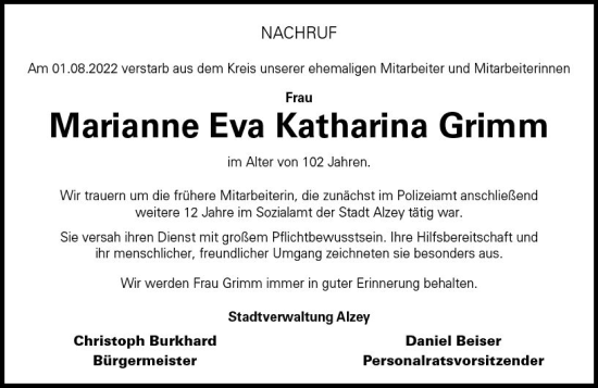 Traueranzeige von Marianne Eva Katharina Grimm von vrm-trauer Allgemeine Zeitung Alzey