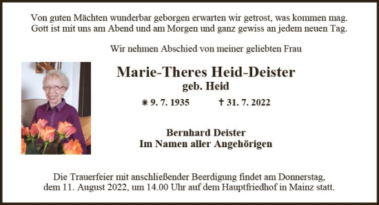 Traueranzeige von Marie-Theres Heid-Deister von vrm-trauer AZ Mainz