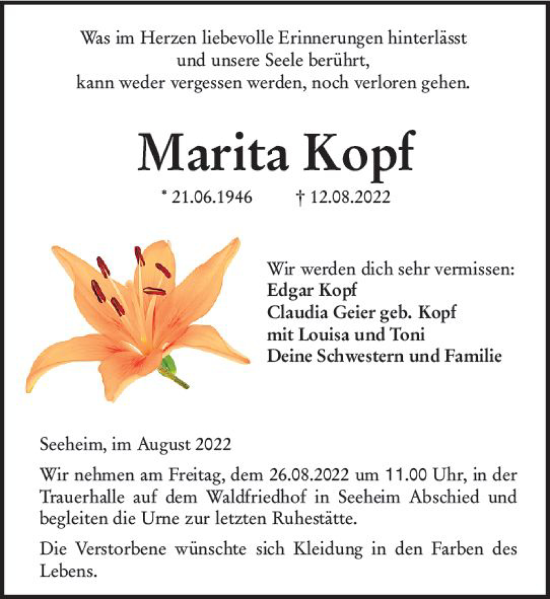 Traueranzeige von Marita Kopf von vrm-trauer Darmstädter Echo