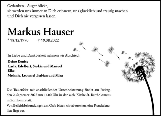 Traueranzeige von Markus Hauser von vrm-trauer AZ Mainz