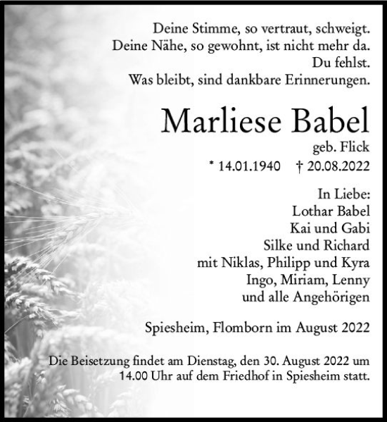 Traueranzeige von Marliese Babel von vrm-trauer Allgemeine Zeitung Alzey