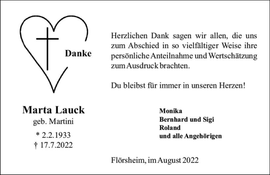 Traueranzeige von Marta Lauck von vrm-trauer Rüsselsheimer Echo / MainSpitze
