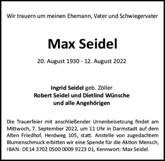 Traueranzeige von Max Seidel von vrm-trauer Darmstädter Echo