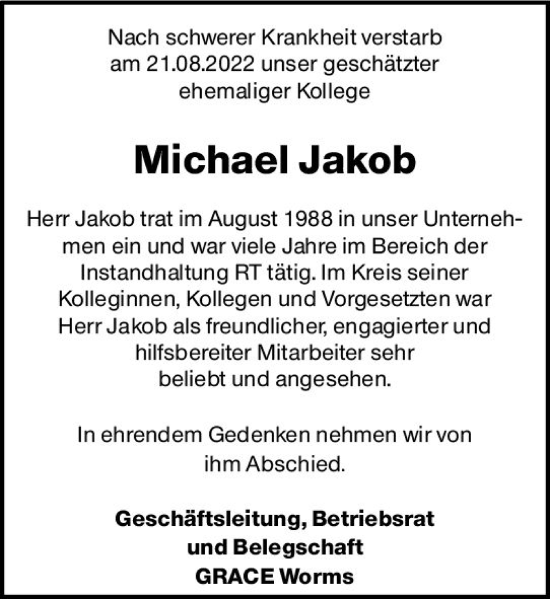 Traueranzeige von Michael Jakob von vrm-trauer Wormser Zeitung