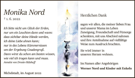 Traueranzeige von Monika Nord von vrm-trauer Odenwälder Echo